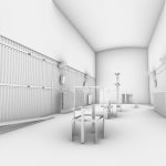 Early computer rendered sketch of the interior of Lozano Hemmer's Atmospheric Chamber venue