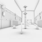 Early greyscale computer sketch of the interior of Rafael Lozano-Hemmer's Atmospheric Chamber
