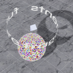 A computer generated, 3D sphere made of colourful pixels, encircled by the words 